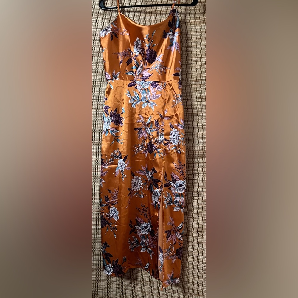 Floral Satin Dress in Orange and Purple with left leg slit